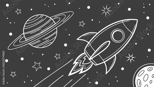 Handdrawn space scene featuring a rocket planet with rings and stars.