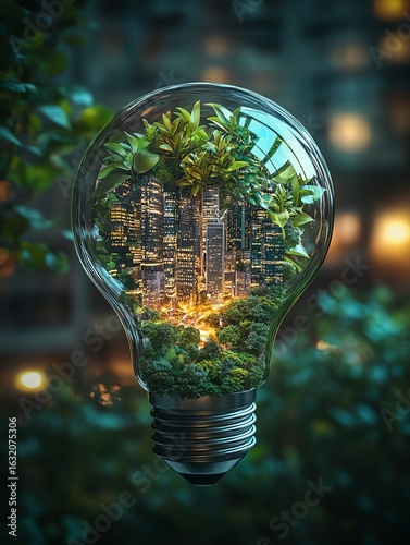 A luminous light bulb with a cityscape and abundant greenery inside, symbolizing ecofriendly design, sustainable living, and green technology, ultradetailed, 8K, modern aesthetic