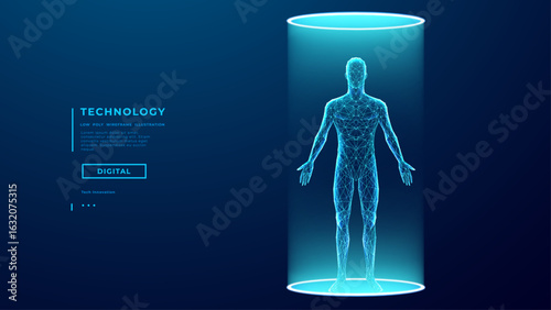 Abstract human body into bright scan light. AI innovation in medicine concept. Hologram silhouette of a man consists of connected dots and thin lines. Anatomy and technology. Vector illustration
