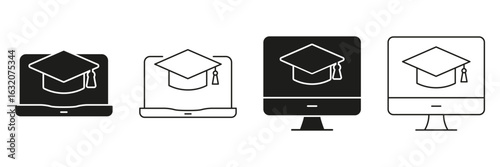 Graduation Cap On Laptop And Desktop Line And Solid Icon Set. Online Education, E-Learning, And Virtual Graduation Symbol Collection. Digital Learning And Remote Study. Isolated Vector Illustration