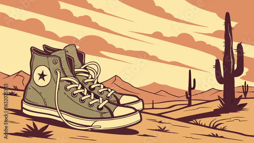 Illustrated Sneakers in Desert Landscape with Cacti and Mountains.