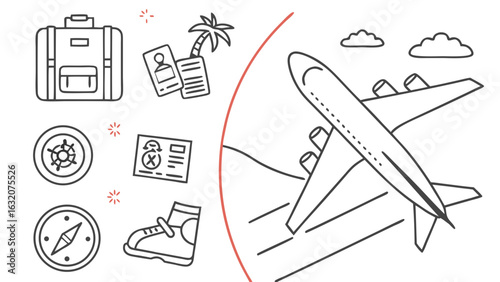 Illustrated Travel Icons Depicting Airplane Luggage and Compass.