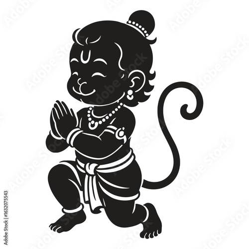 Silhouette of Baby Hanuman in Namaste Pose Black Vector Illustration of Hindu God for Hanuman Jayanti and Religious Art