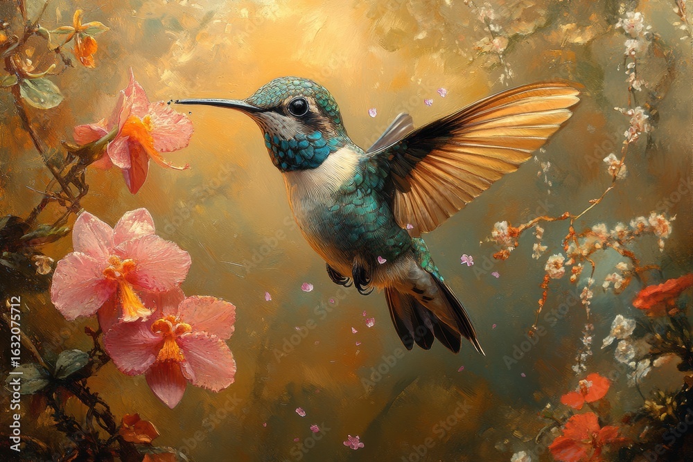 Fototapeta premium Vibrant hummingbird with iridescent feathers hove near pink and orange flowers amidst a dreamy natural background with soft lighting and lush foliage