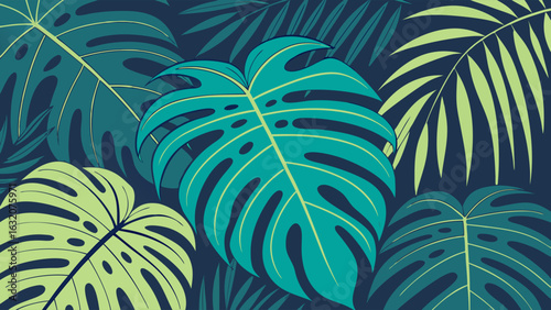 Lush Tropical Monstera and Palm Leaves Design.