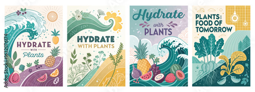Set of four posters showcasing hydration and plant-based nutrition designs