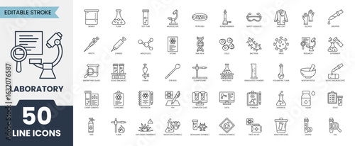 Laboratory icon set. Containing Microscope, mask, bacteria, test tube, syringe, gloves, experiment, research and more. Editable stroke. Vector illustration