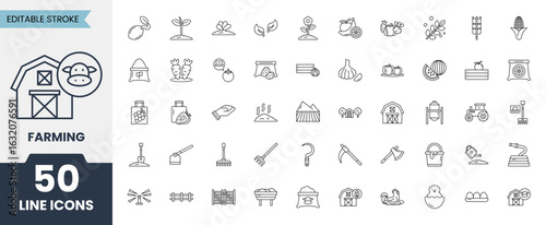 Farming icon set. Editable stroke. Vector illustration