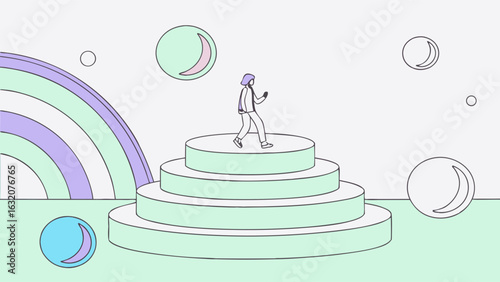 Person Walking on Pastel Green MultiLayered Platform with Rainbow and Moons.