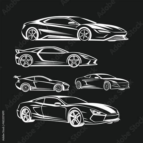 Modern Sports Car Vector Icon Set, Sleek Side View Luxury Car Illustrations