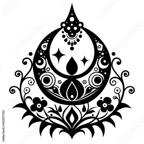 Schilderij op canvas Moonlight Mehndi black silhouette design white background