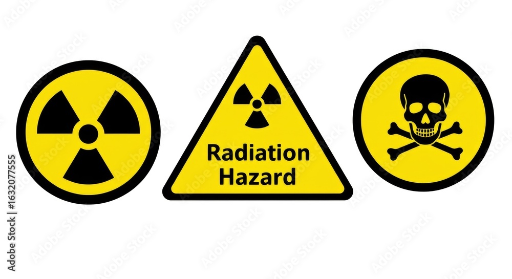 Fototapeta premium Triangular yellow nuclear warning symbol indicating radiation hazard and danger alert. 