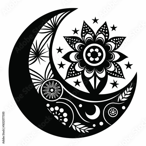 Tableau sur toile Moonlight Mehndi black silhouette design white background