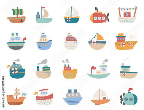 Ship set in scandinavian style with various boats submarines sailboats and vessels perfect for your illustration and creative marine design projects for nautical themes