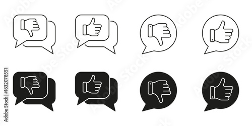 Thumbs Up And Down Speech Bubble Line And Solid Icon Set. Feedback And Opinion Expression Symbol Collection. Communication And Social Media Interaction. Isolated Vector Illustration