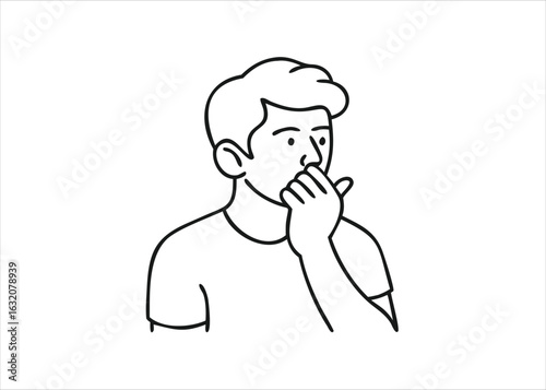 A single continuous line drawing of a person gesturing for quietness and silence presented isolated on white background