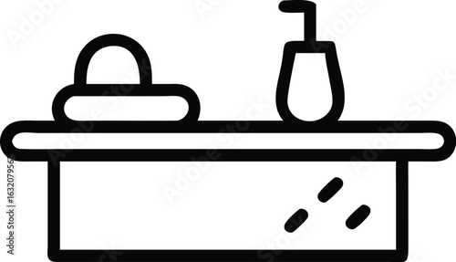 Simple line art icon of a spa or bathroom vanity with soap dispenser and towel isolated on transparent background