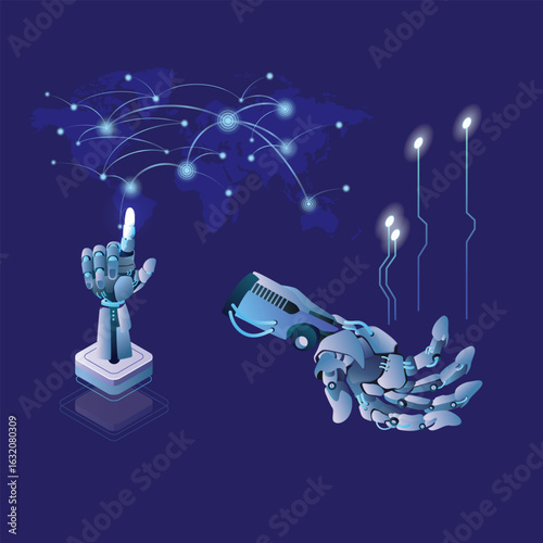 3d rendering of a robothand touching a virtual screen with a worldmap