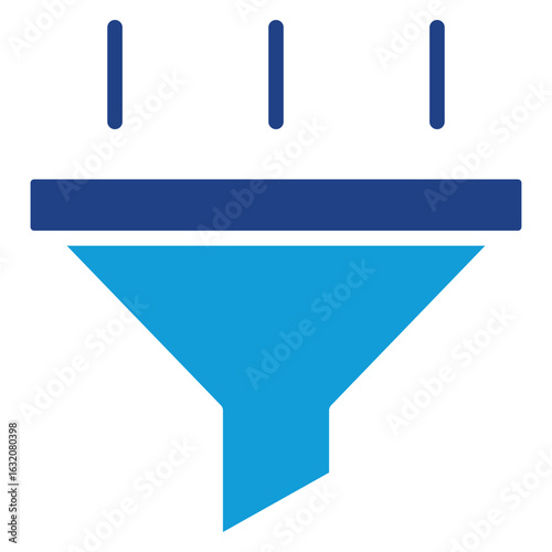 Data Filter Glyph Blue Silhouette Icon Design Vector - funnel-shaped icon with three vertical lines above. Represents data filtering, lead segmentation, and information processing