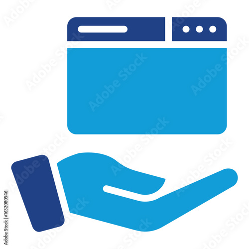 Web Offering Glyph Blue Silhouette Icon Design Vector - browser window hovering above a hand, illustrating service or website offering and delivery