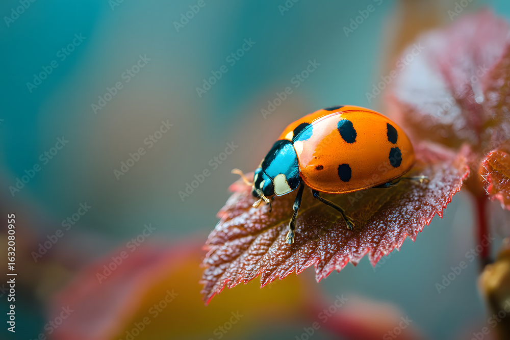 Naklejka premium Macro shots, Beautiful nature scene. Beautiful ladybug on leaf defocused background