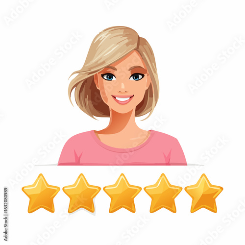Customer review, positive user feedback. Five star rating. Smiling Person with 5 yellow stars. illustration icon isolated on white background. Online feedback. Vector
