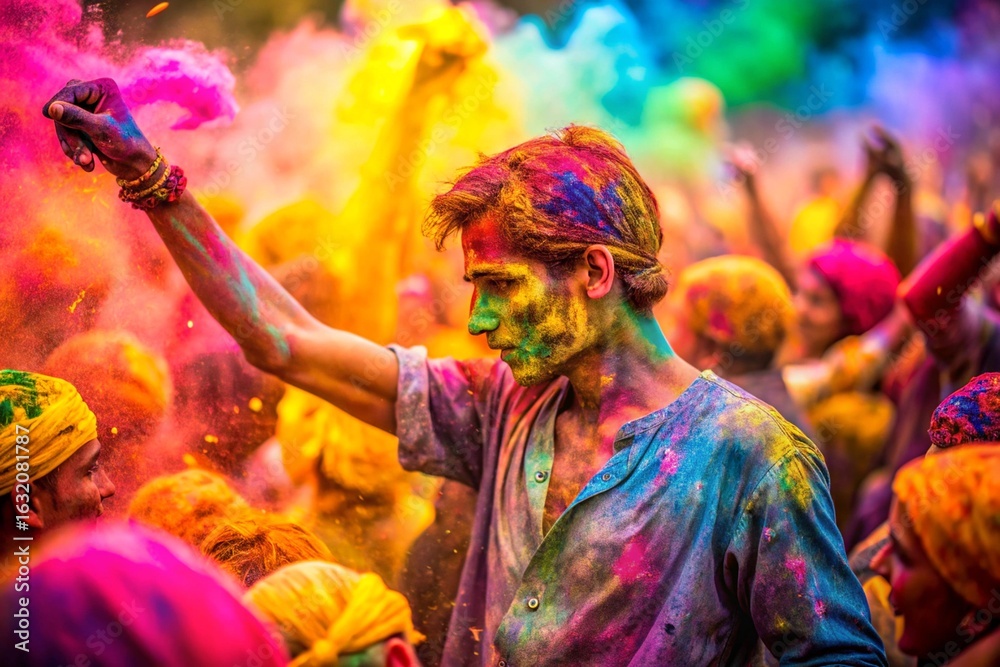 Fototapeta premium Handsome man dancing at Holi festival. Splash of colour powder in a Holi festival in India