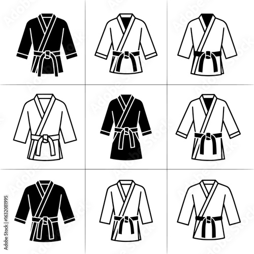 Collection of  martial arts gi uniforms with belts in various colors and knot styles presented as a silhouette isolated on transparent background