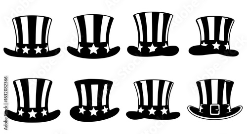 Collection of  black and white uncle sam top hats with stars and stripes patterns isolated on transparent background silhouette