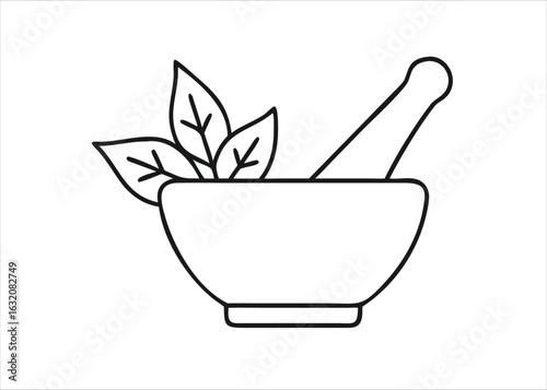 A detailed outline icon representing a mortar and pestle with fresh herbs presented in a clean black graphic style isolated on white background