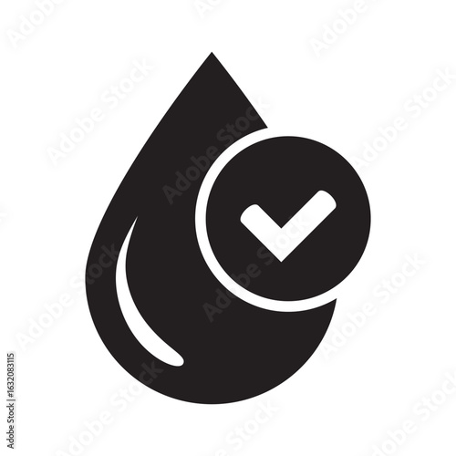 Water quality approved icon. Liquid drop and a check mark symbolizing pure clean and tested drinking water for consumption.