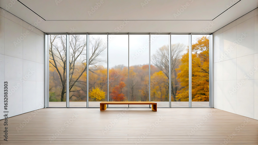 Fototapeta premium Modern minimalist room with autumn view and bench