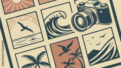 Vintage Travel Photos Collage of Ocean Scenes.