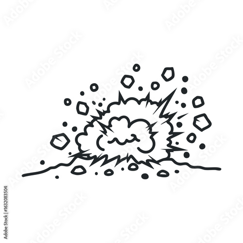 Cartoon explosion cloud with debris and sparks in black and white
