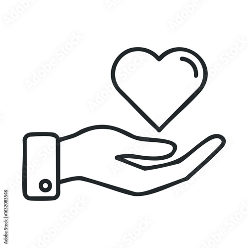 Outlined hand holding heart symbol of care and support