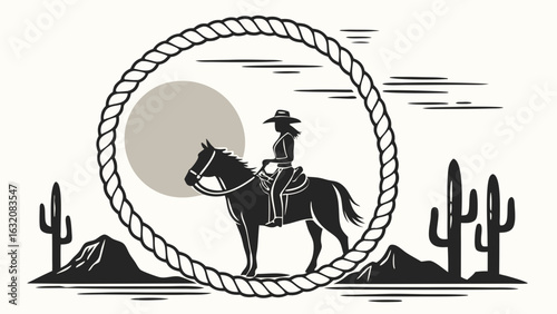 Western Silhouette of a Cowgirl Riding a Horse.