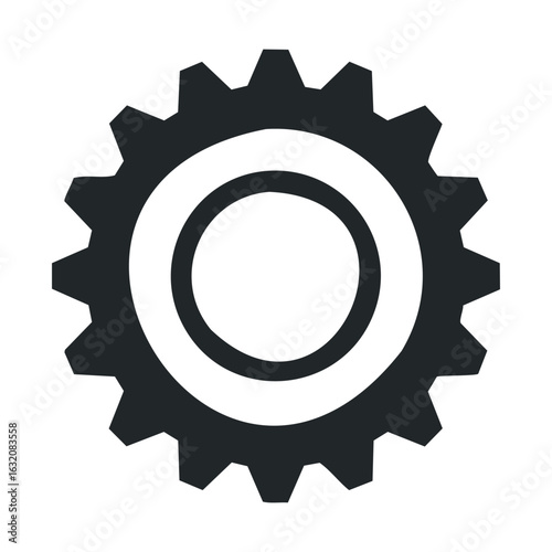 Flat black gear icon with grooved cogwheel design