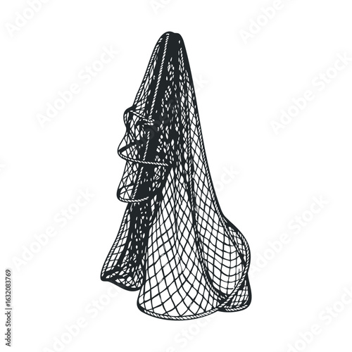 Black fishing net draped on white background: nautical and maritime theme