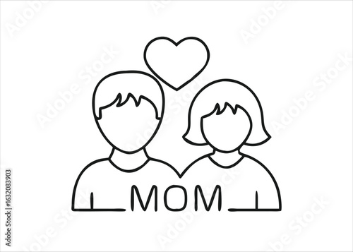 Heartwarming line art illustration depicting a mother and her young son sharing a tender moment of affection and connection isolated on white background