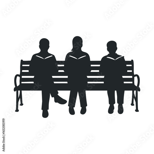 Silhouette of three people reading on park bench: adults and child engaged in books