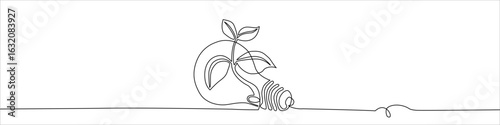 Continuous line vector of an eco energy light bulb with a small sprout, symbolizing green energy, sustainability, renewable resources, nature conservation, and eco-friendly innovation for a clean futu