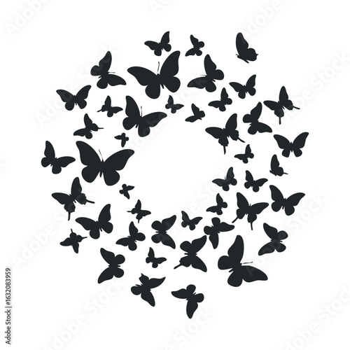 Circular formation of black silhouette butterflies on white background