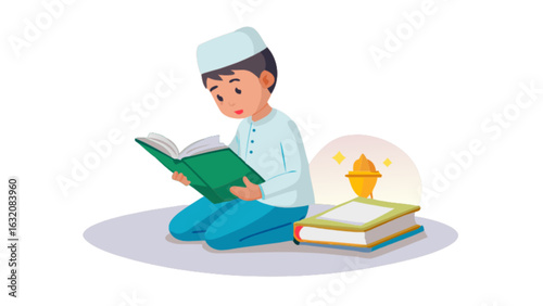 Muslim boy reading quran islamic holy book ramadan kareem eid mubarak religious study and learning concept