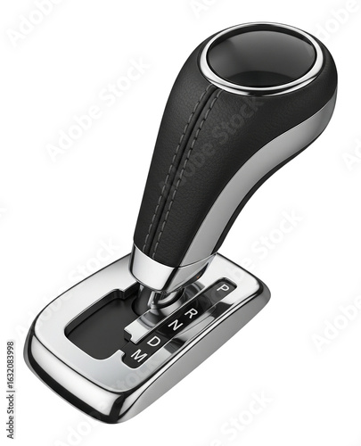 Closeup of modern cars automatic gear shift lever with leather and chrome accents, displaying the drive selection options, isolated on transparent background