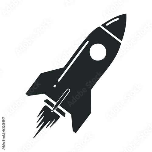 Black and white rocket icon with exhaust flames in simple design
