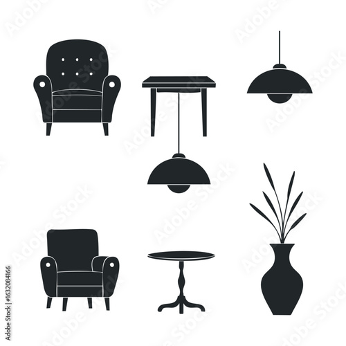 Black silhouettes of furniture and decor elements: chair, table, lamp, vase with plant