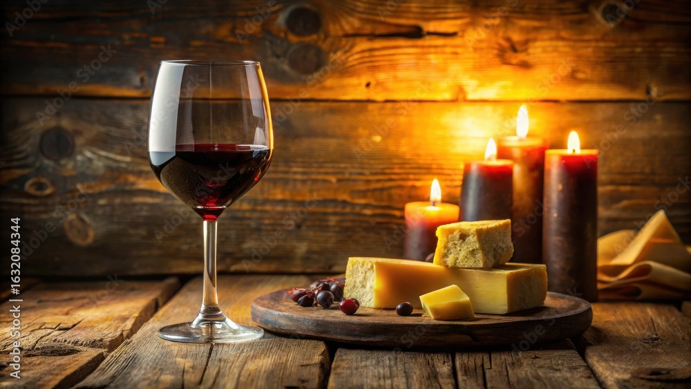 Naklejka premium Romantic evening ambiance featuring red wine, cheese, and candlelight on rustic wooden surface