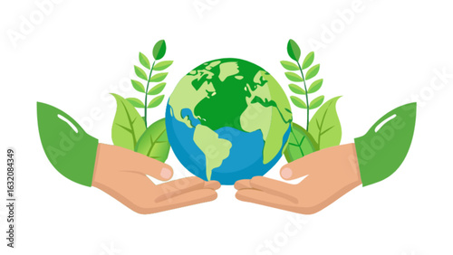 Earth day illustration hands holding globe with leaves save the planet environment sustainability concept
