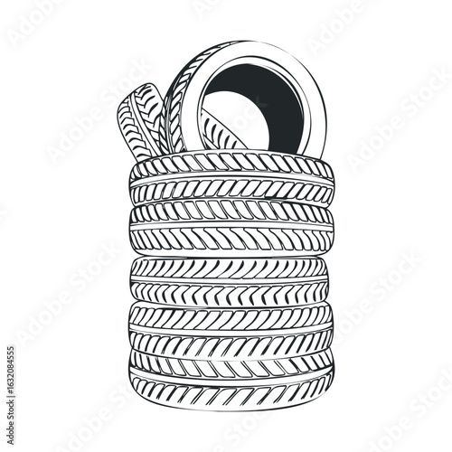 Stack of sketch-style tires in black and white illustration