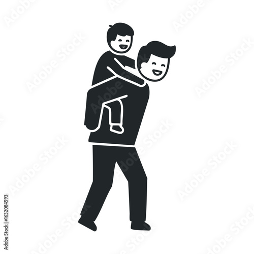 Caucasian male adult giving piggyback ride to young boy silhouette